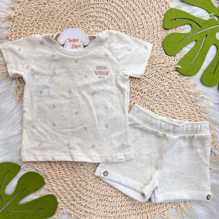 Conj. Camiseta Green Vibes Only e Bermuda em Linho - Areia